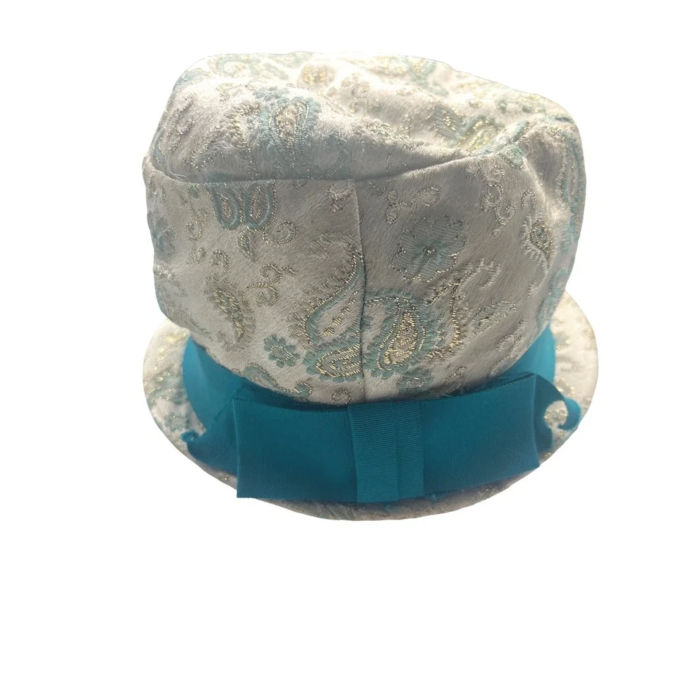 Vintage Cloche Bucket Hat Cream Teal Paisley‎ 40's pasadena USA